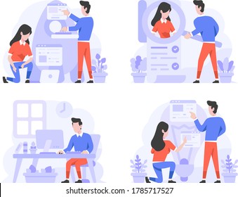 Vector Illustration flat design style, man and woman ready to launch rocket, start up, search worker, working in office, idea discussion