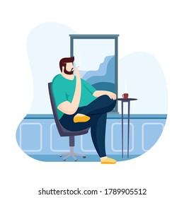 Vector illustration in flat design style 
Man smoke while sitting casually drinking coffee with a view of a tall building