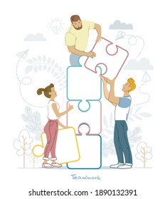 Vector illustration in flat design style. Teamwork. People put together puzzle pieces. Business team, business cooperation and partnership concept.