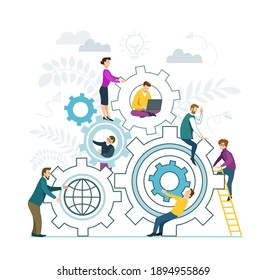 Vector illustration in flat design style. Teamwork. People put together puzzle pieces. Business team, business cooperation and partnership concept.