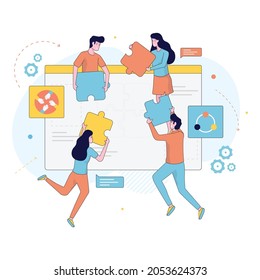 Vector illustration flat design style. Symbol of teamwork, cooperation, partnership vector.Business concept. Team people connecting puzzle elements. 