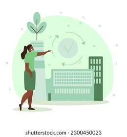 Ilustración vectorial en diseño plano sobre el tema de la protección ambiental. Energía renovable, aire limpio, producción más limpia, personas felices en un ambiente limpio