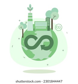 Vector illustration in flat design style on the theme of environmental protection. Renewable energy, clean air, cleaner production, happy people in a clean environment