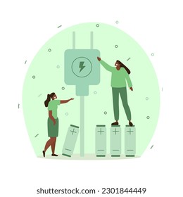 Vector illustration in flat design style on the theme of environmental protection. Renewable energy, clean air, cleaner production, happy people in a clean environment