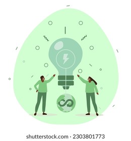 Vector illustration in flat design style on the theme of environmental protection. Renewable energy, clean air, cleaner production, happy people in a clean environment