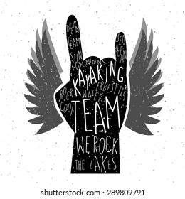 vector illustration of flat design style textured hand with signature "kayaking team we rock the lakes" on textured background for your design or print 