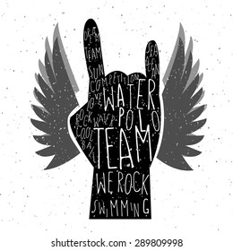 vector illustration of flat design style textured hand with signature "water polo team we rock " on textured background for your design or print 