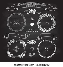 Vector illustration of flat design style floral frames, ribbons and wreaths set with signature on blackboard background. Template for your design, article, invitation, personal card or print