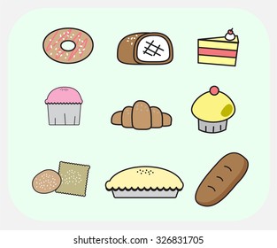 Vector illustration. Flat design style. Set of different kinds of bread, sweet pastries and hot bakery products isolated on white background, cupcake, cake, Various desserts and bakery