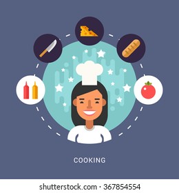 Vector Illustration in Flat Design Style. Food and Cooking Icons and Chef Female Cartoon Character in Circle