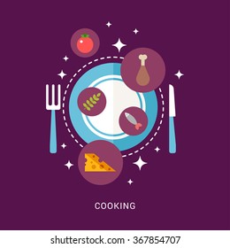 Vector Illustration in Flat Design Style. Food and Cooking Icons on the Plate