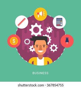 Vector Illustration in Flat Design Style. Business Icons and Businessman Cartoon Character in Circle