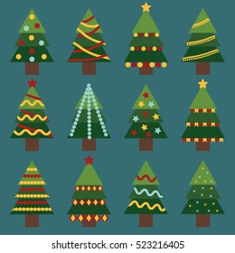 Vector illustration. Flat design style. Christmas tree collection. 