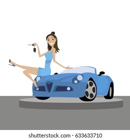 vector illustration in flat design style - beautiful smiling young Asian woman with car for World car show in the showroom