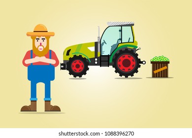 Vector illustration in flat design style.farmer with tractor on the background