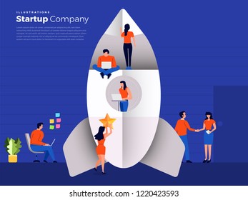 Vector illustration flat design stylr concept peoples working with rocket for create startup company.