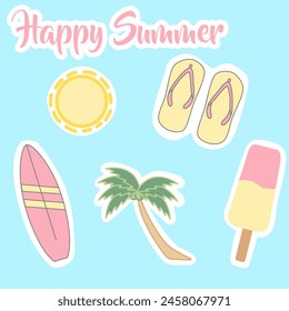 Vector Illustration of flat design summer icons can be used for sticker or design purpose contains of sun sandals palm tree icecream and surfer board