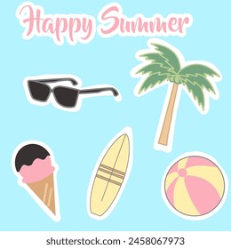 Ilustración vectorial de iconos de verano de diseño plano se puede utilizar para pegatina o propósito de diseño contiene de gafas de sol palmera helado surfer board beachball