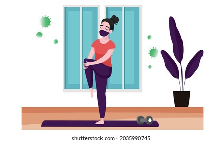 Vector illustration flat design template of Woman wearing a health mask doing yoga stretching exercises during the coronavirus pandemic. 4000 x 4000 pixels perfect. Editable colors.