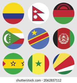 Vector illustration of a flat design template set of nine rounded country flags consisting of Afghanistan, Nepal, Malawi, and several other countries. 4000 x 4000 pixels perfect.
