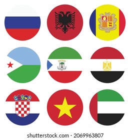 Vector illustration of a flat design template set of nine country flags in a round shape consisting of Montenegro, Russia, Vietnam, Egypt and several other countries. 4000 x 4000 pixels perfect.