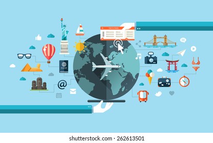 Vector Illustration Of Flat Design Travel Composition With Famous World Landmarks Icons