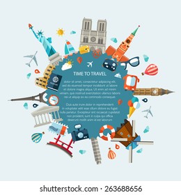 Vector Illustration Of Flat Design Travel Composition With Famous World Landmarks Icons