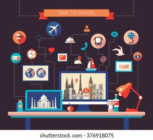 Vector illustration of flat design travel composition with famous world landmarks icons on a computer display screen