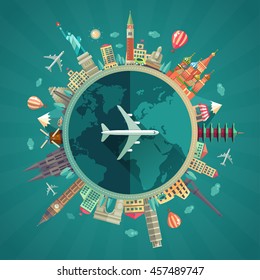 Vector illustration of flat design travel composition with famous world landmarks icons around the planet