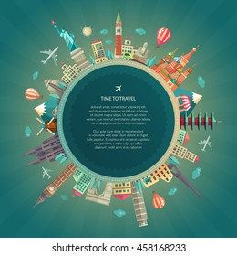 Vector illustration of flat design travel composition with famous world landmarks icons around the planet