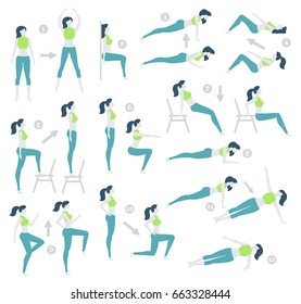 Vector illustration. Flat design, trendy style. White background isolated. HIIT, high intensity interval training, fitness exercise. Set of exercises for losing weight. Women's fitness. Improving