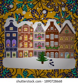 Vector illustration. Flat design. Urban winter landscape. Christmas card Happy Holidays banner. Snowy street.