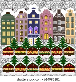 Vector illustration. Flat design. Urban winter landscape. Snowy street. Christmas card Happy Holidays banner.