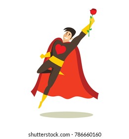 Vector illustration in flat design of Valentine Superhero with red rose.