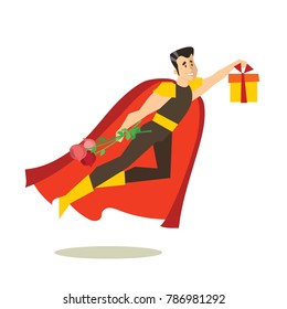 Vector illustration in flat design of Valentine Superhero in love with red rose and present