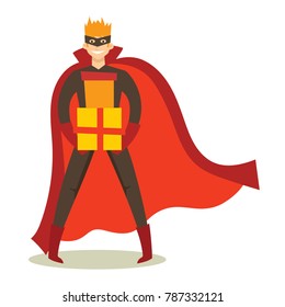 Vector illustration in flat design of Valentine Superhero with presents.