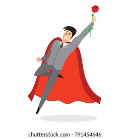 Vector illustration in flat design of Valentine Superhero in love with red rose 