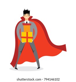 Vector illustration in flat design of Valentine Superhero in love with presents