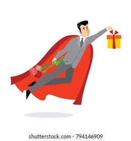 Vector illustration in flat design of Valentine Superhero in love with flowers and present.