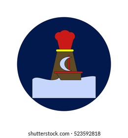 Vector illustration in flat design of volcano explosion and boat