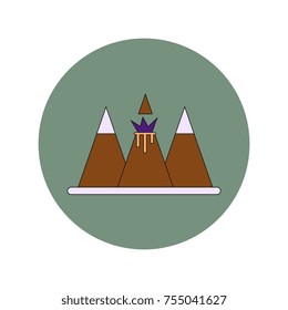 Vector illustration in flat design of volcano explosion between the mountains