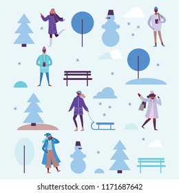 Vector illustration in flat design of winter christmas season background with people outdoor in the minimalistic flat design