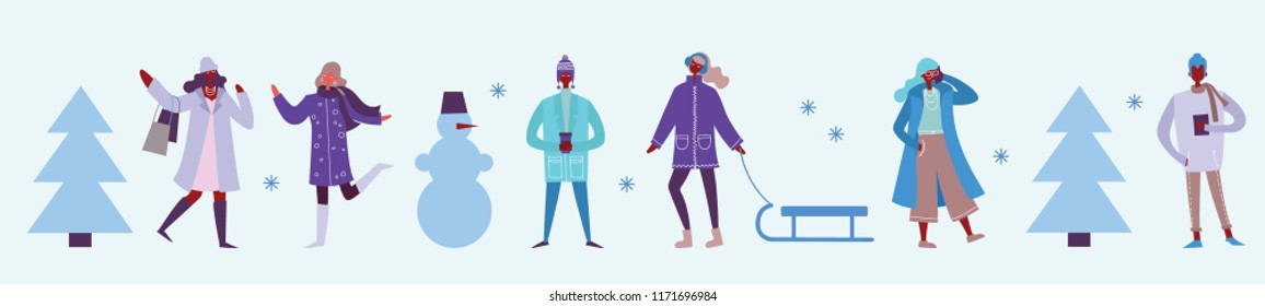Vector illustration in flat design of winter season background with people outdoor in the minimalistic flat design