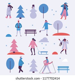 Vector illustration in flat design of winter season background with people outdoor in the minimalistic flat design