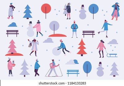 Vector illustration in flat design of winter season background with people outdoor in the minimalistic flat design