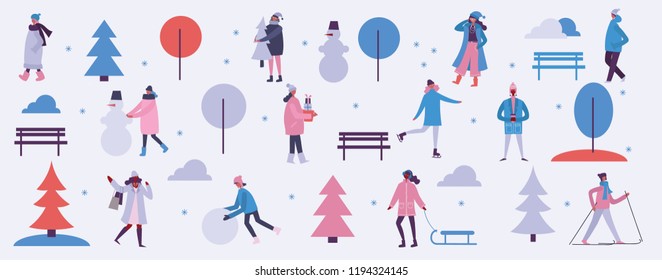 Vector illustration in flat design of winter season background with people outdoor in the minimalistic flat design