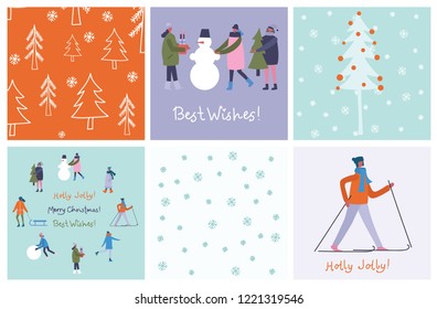 Vector illustration in flat design of winter season background with people outdoor in the minimalistic flat design with Christmas greetings