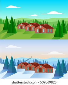 Vector illustration. Flat design. Winter and summer landscape with snow and house.Natural green. Green and white landscape. landscape background