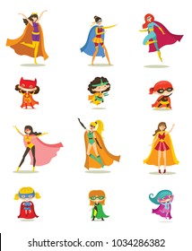 Vector illustration in flat design of woman and girl superheroes in funny comics costume isolated on the white background