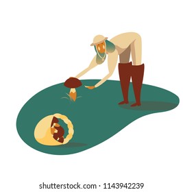 Vector illustration, flat design, woman picking up mushrooms